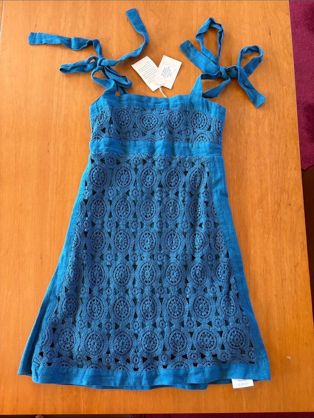 Crochet Tie-Shoulder Mini Dress in Teal Blue